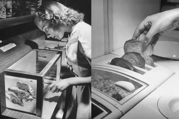 Photos from a 1943 Uniontown, PA Morning Herald article about "Tomorrow's Kitchen," designed by the Libbey-Owens-Ford Glass company and complete with built-in toaster ovens.